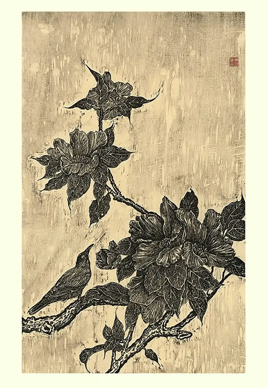Camellia Lullaby, woodcut on chine-collé Kitakata, 10 x 15 inches
