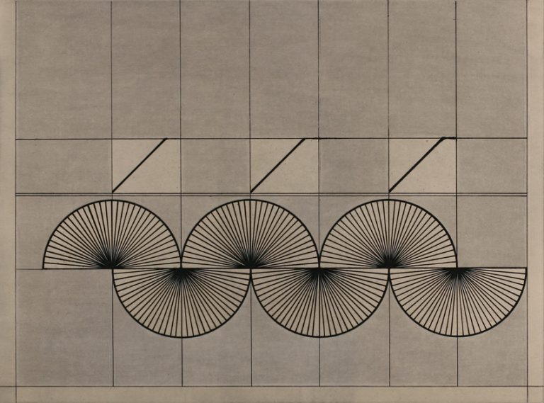 A print by James Boychuck-Hunter with a grided background overlayed by 6 arching forms