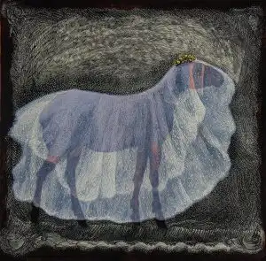 wood engraving of a animal covered by a translucent white veil 