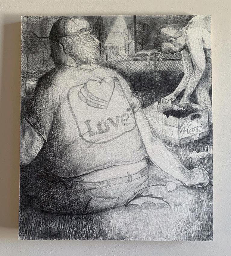 Graphite drawing of a man from behind, seated in the grass wearing a Loves gas station shirt