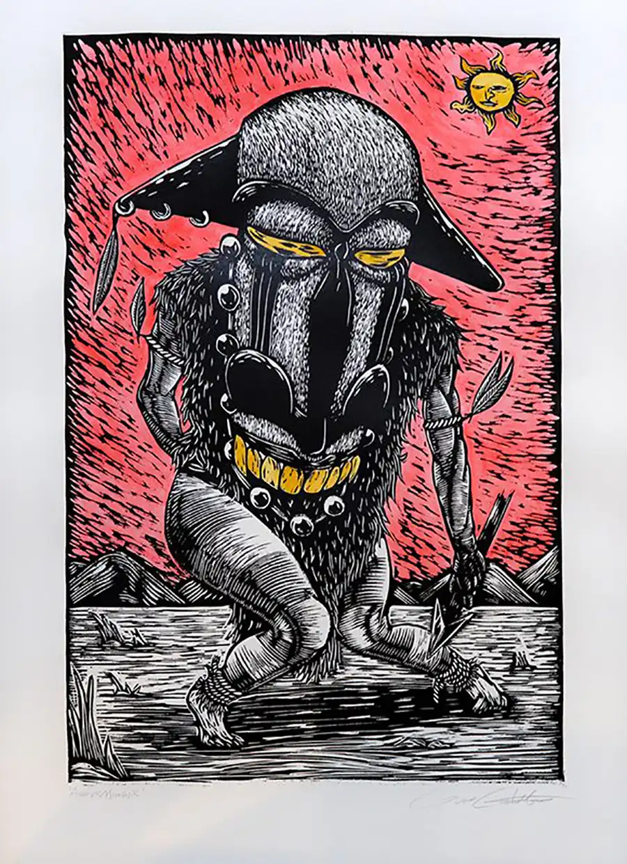 Angermonger, relief print and watercolor, 18 x 24 inches, 2020