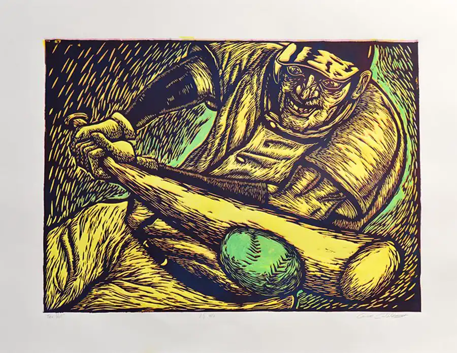 Hit, relief print and monoprint, 22 x 30 inches, 2020