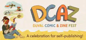 Poster for the Duval Comic and Zine Fest with an illustration of a person reading a comic book