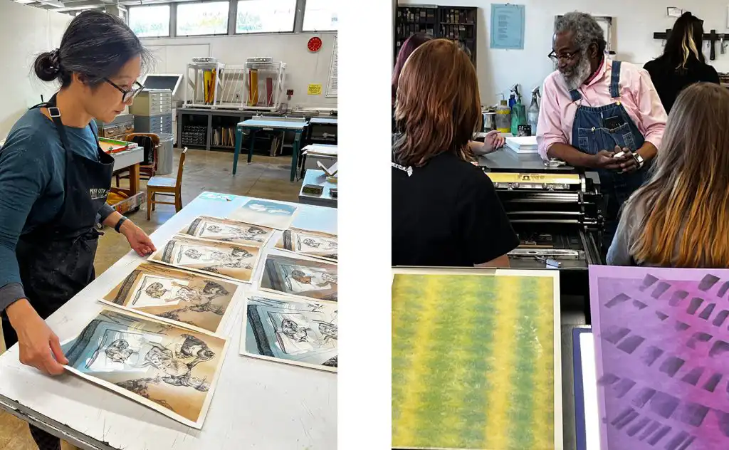 two images of printmakers in the printshop with their artwork