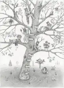 graphite drawing of multiple people in the branches of a tree growing out of the water.