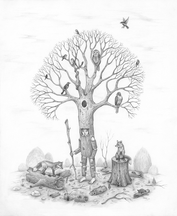 Graphite drawing of a boy wearing a tree as a suit with birds in the branches