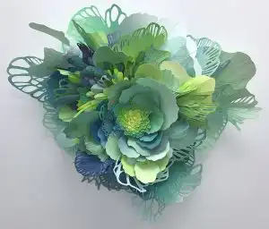 abstract sculpture of blue and green paper