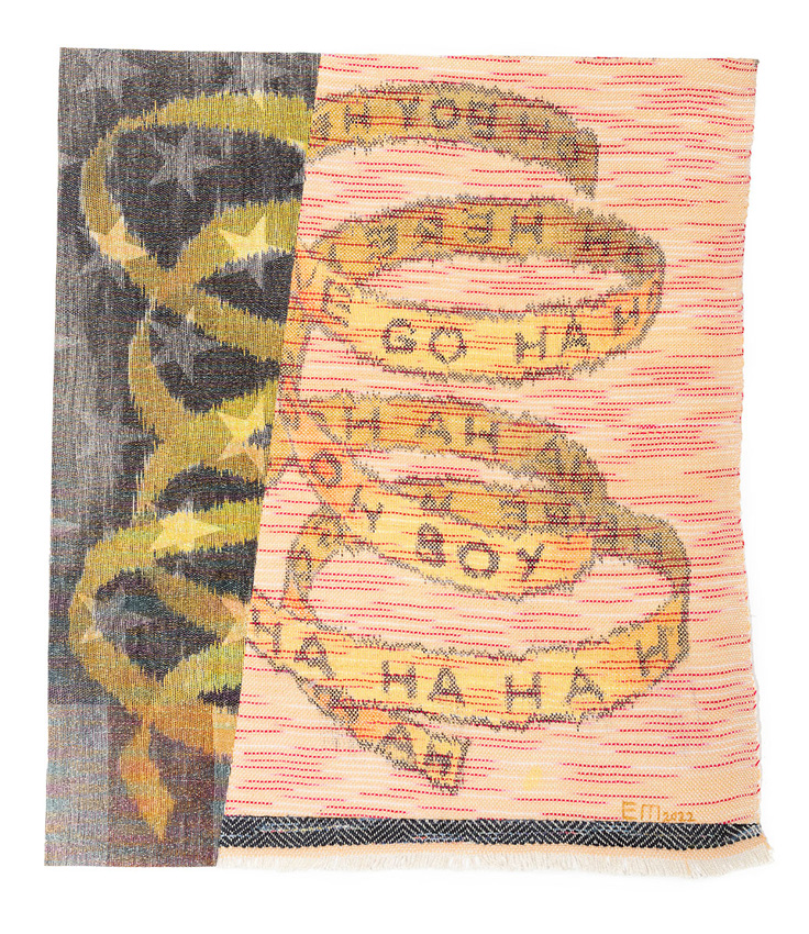 Elysia Mann, “Oh Boy Here We Go,” handwoven collage with embedded screen print