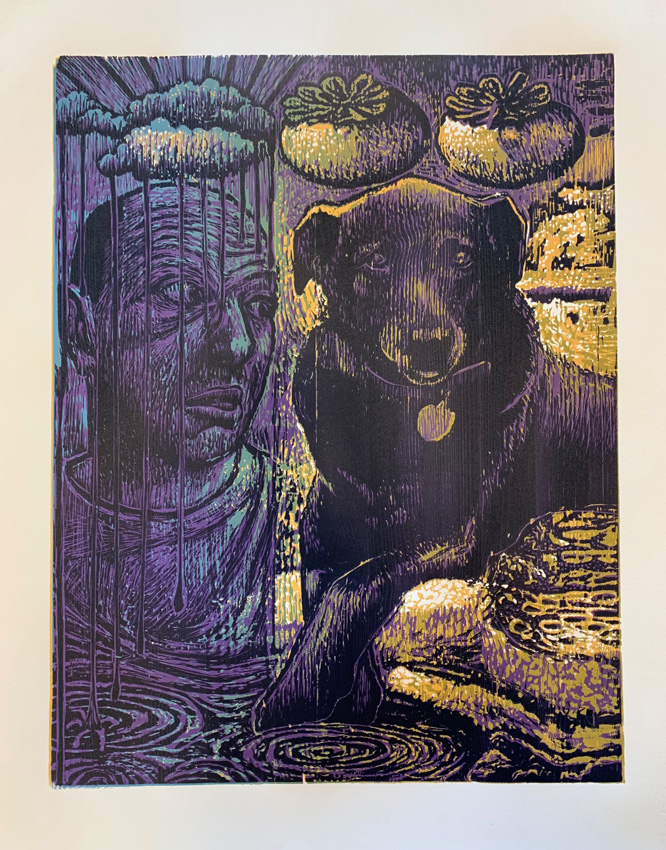 Tim Massey, “Mirage,” 4-color reductive woodcut depicting a man and a dog