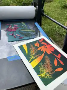 print with floral pattern sitting on top a press outdoors