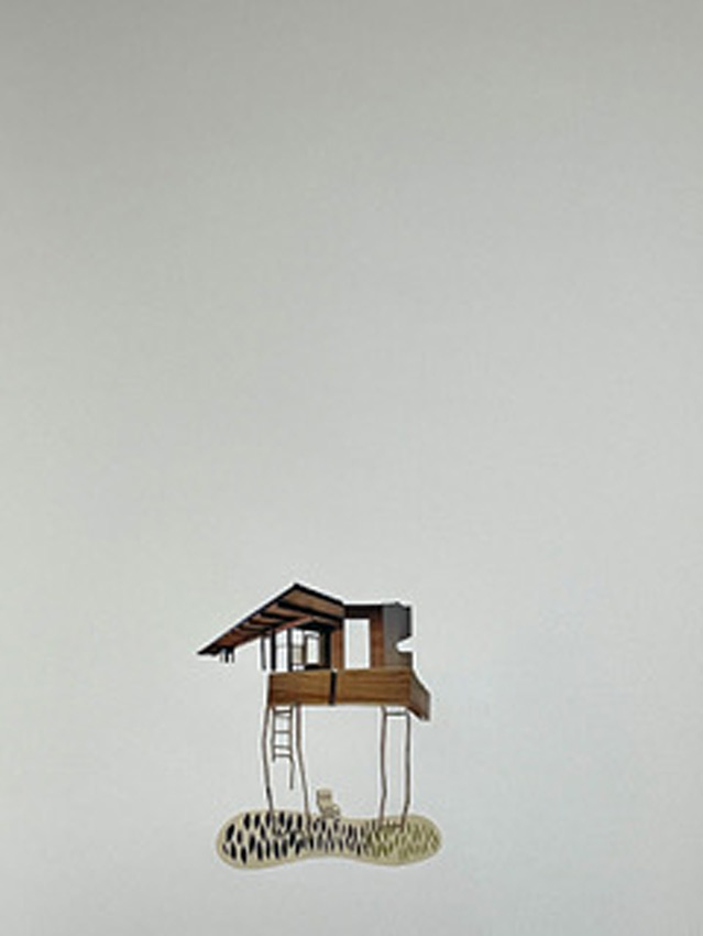 Ashley Nason, “Tether,” mixed media collage of a floating house tethered to the ground with rope