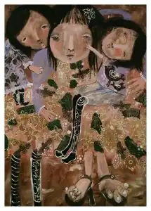 stylized painting of a woman with children