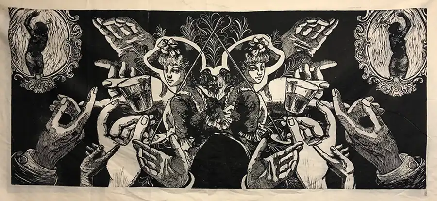 “Bo Peep Show,” woodblock print, 36 x 84 inches, 2019