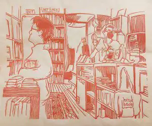 print in red ink of people in a bookstore