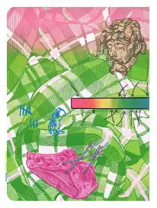 green and pink print containing depictions of fabric