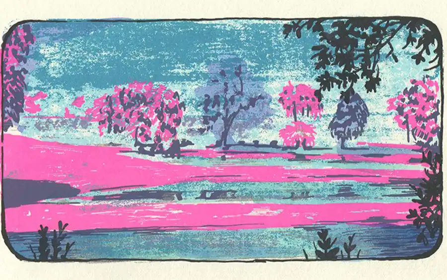 Middleton Place (how many slaves died on this tourist’s land), screenprint, 4.25 x 7 inches, 2020