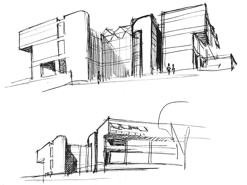 Pencil sketches by Bruce McCarty for the Art and Architecture Building.