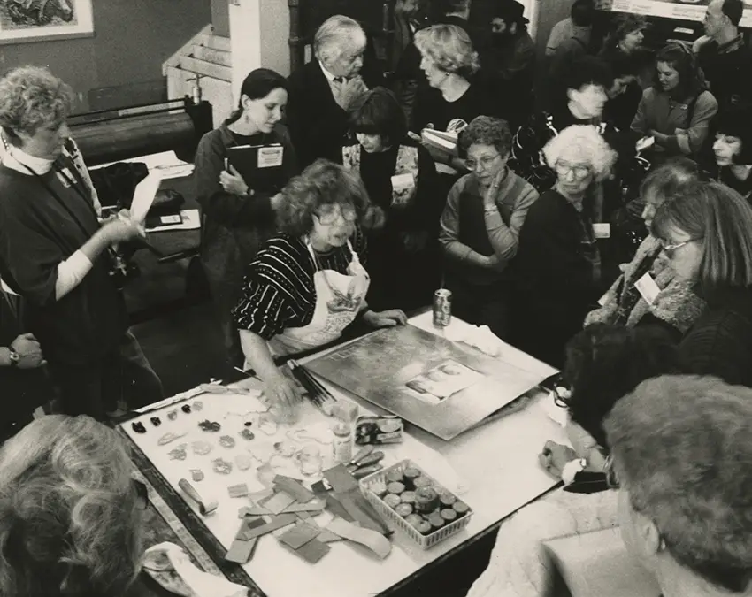 Eleanor Rappe demonstrates multi-plate color intaglio methods for the 1992 SGC Conference.  