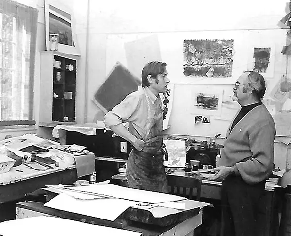 Byron McKeeby (left) and department head C. Kermit Ewing in McKeeby’s studio in a house on Melrose that was a former location of the UT Department of Art (late 1960s).