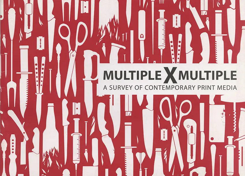 Multiple x Multiple: A Survey of Contemporary Print Media, catalogue cover featuring Joshua Minnie’s screenprinted wallpaper “Sharp Descent Maquette.”