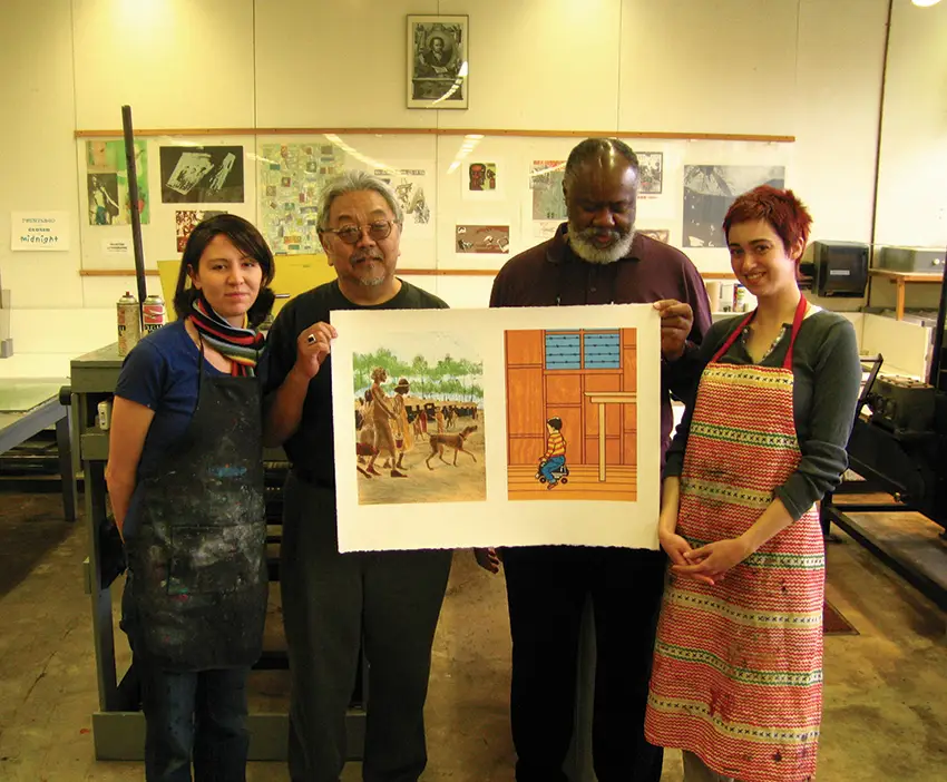 Roger Shimomura and John Newman with graduate students Crystal Wagner and Lisa Renz, 2006.