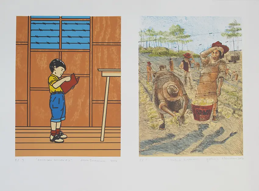 Roger Shimomura and John Newman, “Two Sides of the Barbed Wire Fence,” lithograph, 2006. 