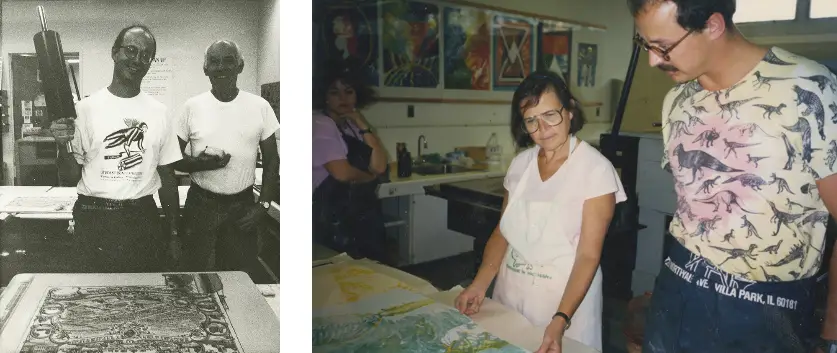 Two photos: the left a black and white one showing Beauvais Lyons and Bob Cothran, the right a color photo of Chicago painter Ellen Lanyon collaborating with Beauvais Lyons on a lithograph