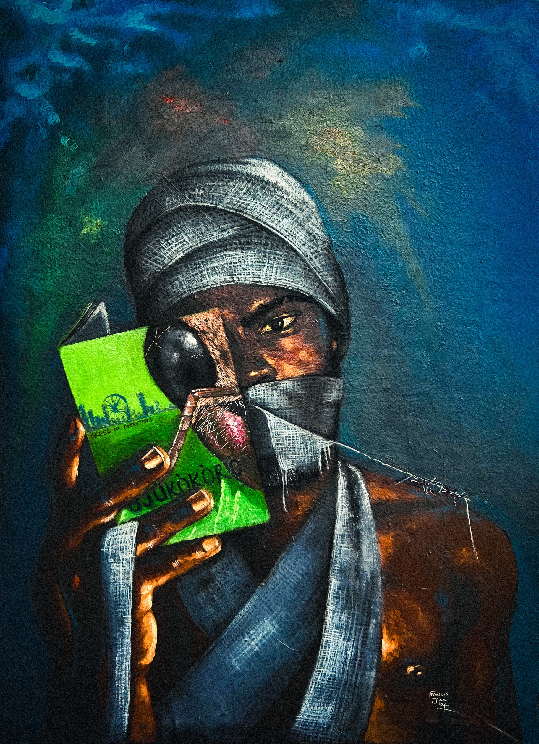 Ojúkòkòrò. Acrylic paint on canvas  2 x 2.5 ft  Explores the fine line between greed and ambition, using a literal interpretation of the Yoruba reference; “Olójúkòkòrò”
