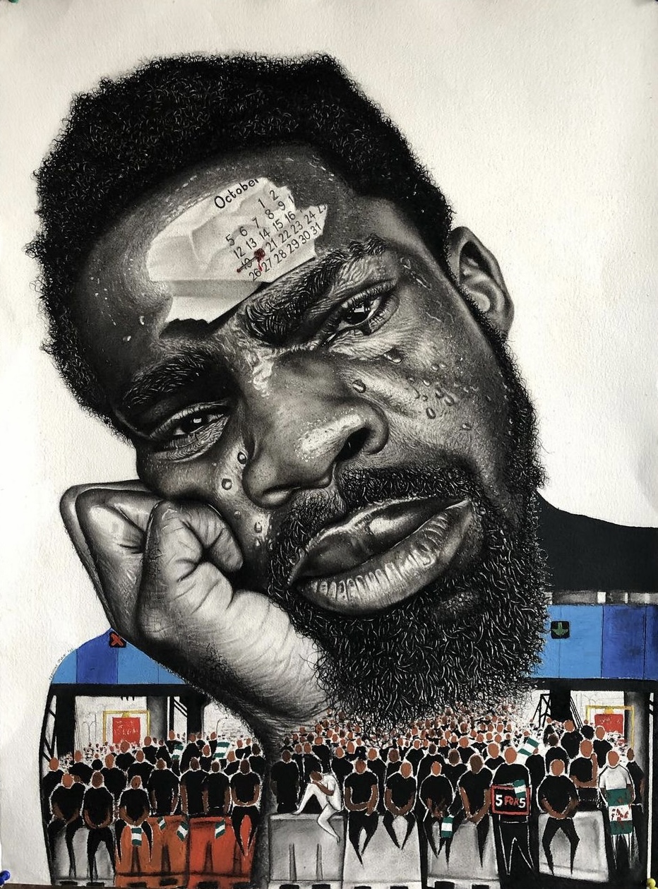 Curfew: 20-10-20 Charcoal pencils on pastel paper.  2 x 2.5 ft