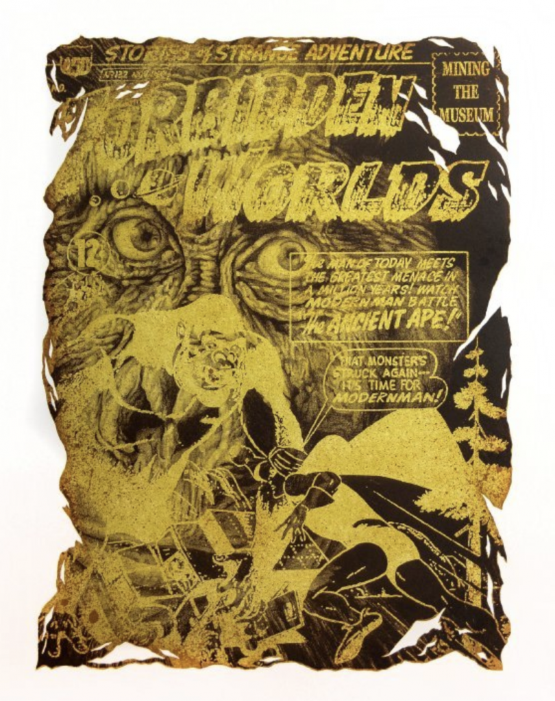 A yellow lithograph of a few monsters from old movies