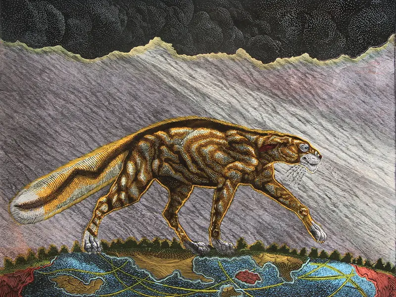 A wood engraved painting of a cheetah, titled "Be Magnificent." 