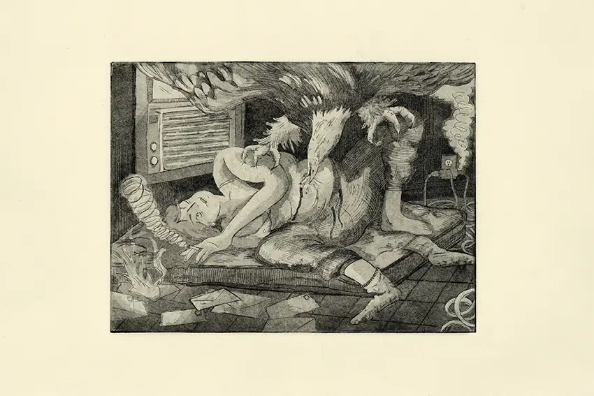 Mary Clime's artwork titled, “HDHP (High-Deductible Health Care)" depicts a woman sleeping with a disarray around her. 