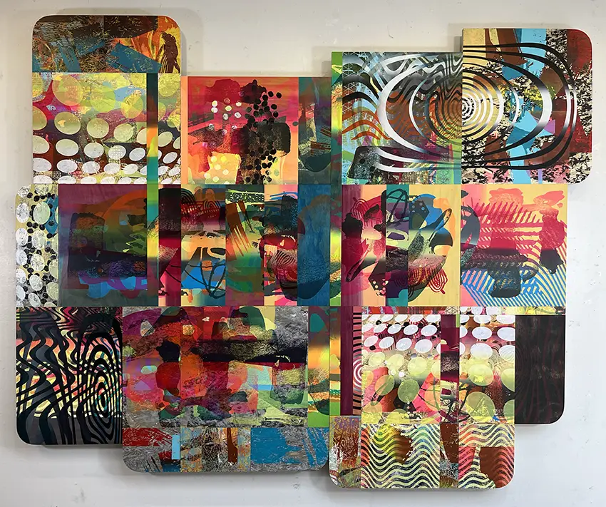 An artwork collage titled "Bandwidth" hands on the wall. 