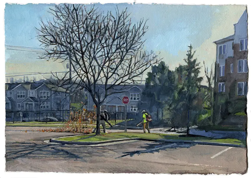 A watercolor image on handmade paper of landscaping teams working in a neighborhood, titled, "What Follows is an Account." 