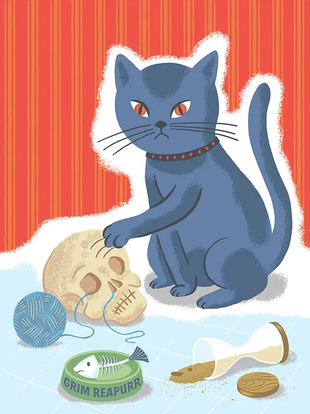 Screenprint of a cat playing with yarn and dead fish, titled "Meowmento Mori."
