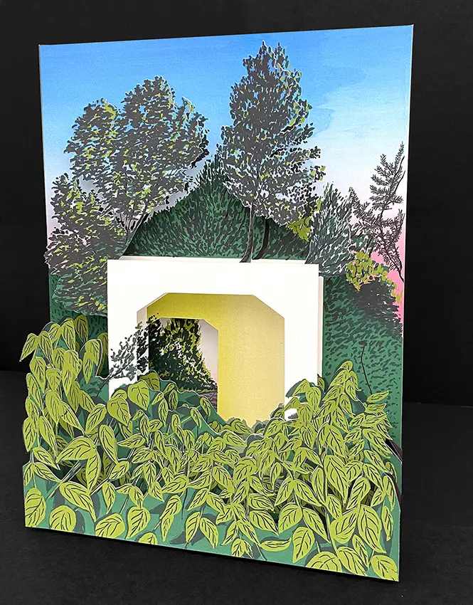 Screenprnt of the cover of a book with images of a tunnel in a grassy forest. 