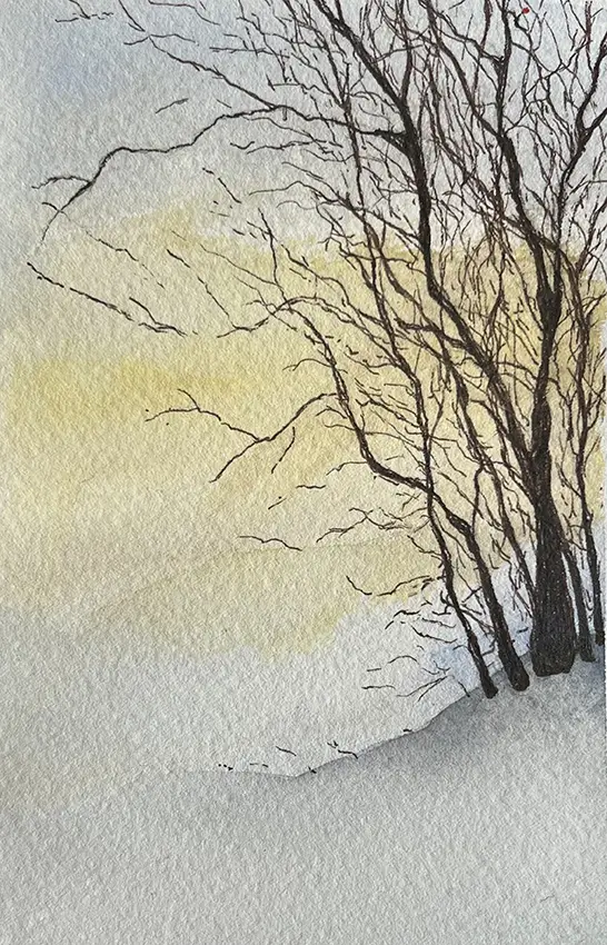 Watercolor painting of a single tree against a rising sun in snowy weather. 
