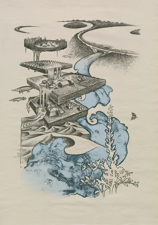 A lithograph piece of art titled "Confluence" tahat depicts water and different levels of lands.