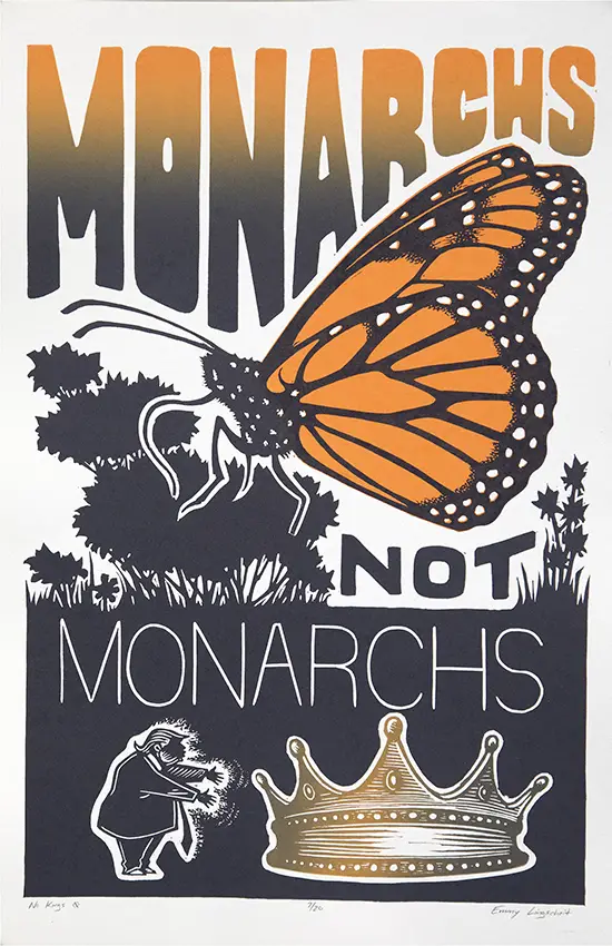 A relief print that depicts Monarch butterflies on the cover alongside a crown. The artwork reads "Monarchs not Moncarchs." 