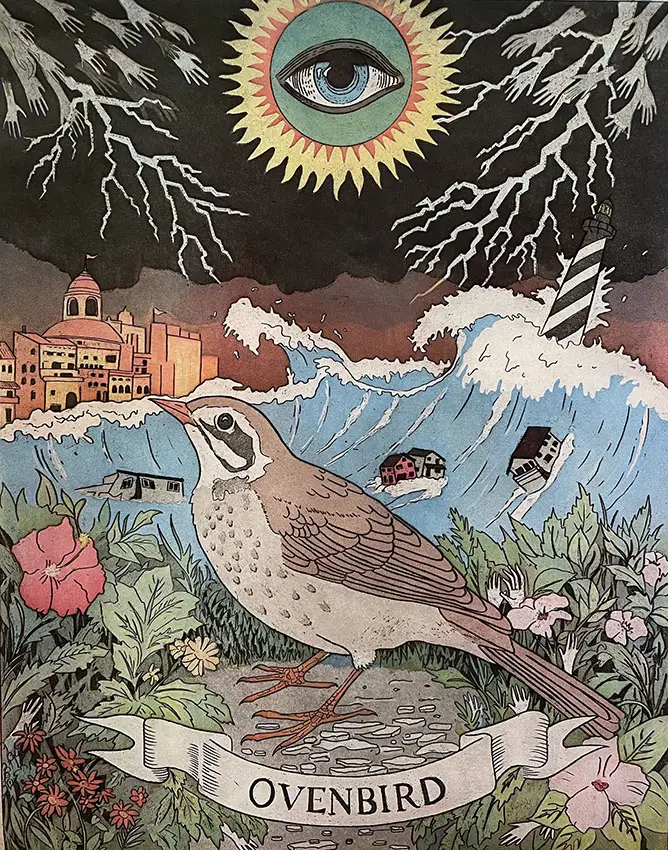 An artistic drawing of a bird with an all-seeing eye above it, while standing in a path of flowers, getting ready to be overtaken by an ocean wave. 