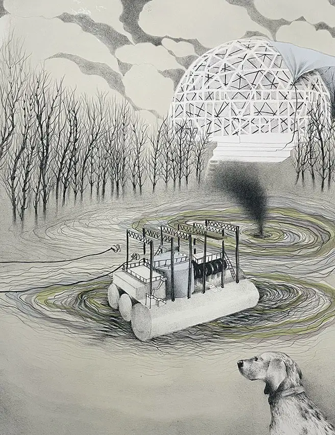 A lithograph artistic print of energy plants and smoke stacks floating in water.