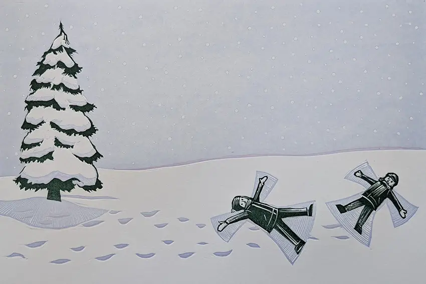 Artistic drawing of two people snow angels in the snow, alongside a single snowy tree. 