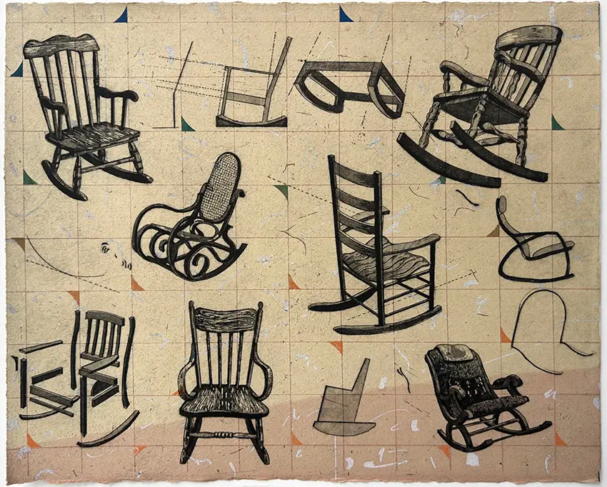 Screenprint etching of various different types of chairs. 