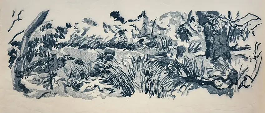 Artistic drawing of gardens and grasslands, titled "Japanese Garden." 