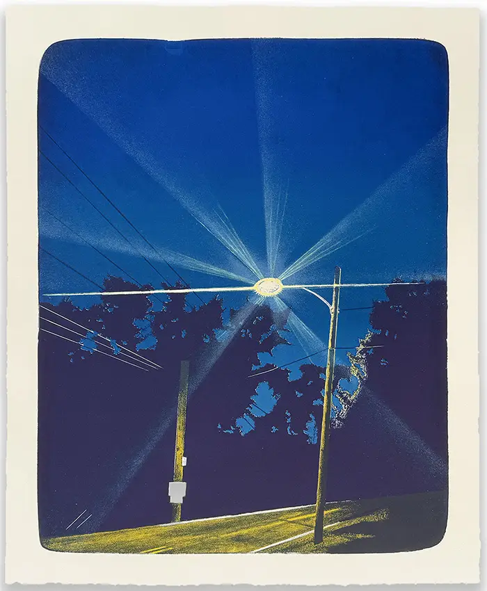 A lithograph artistic representation of a light shining in the dark of sky next to powerlines. 