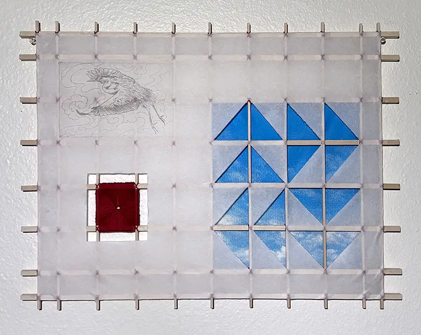 A screen print that shows a grid created with various different artistic fibers. 