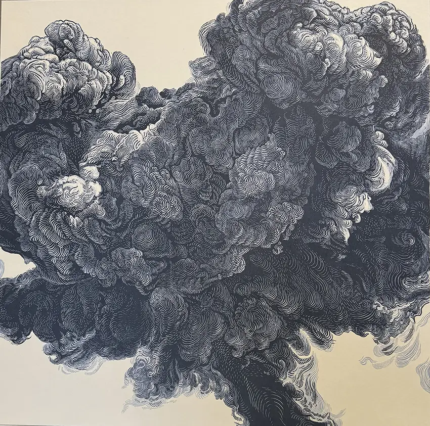 Artistic painting of an intricate smoke cloud/vapor, titled "TNT, 500 Tons." 