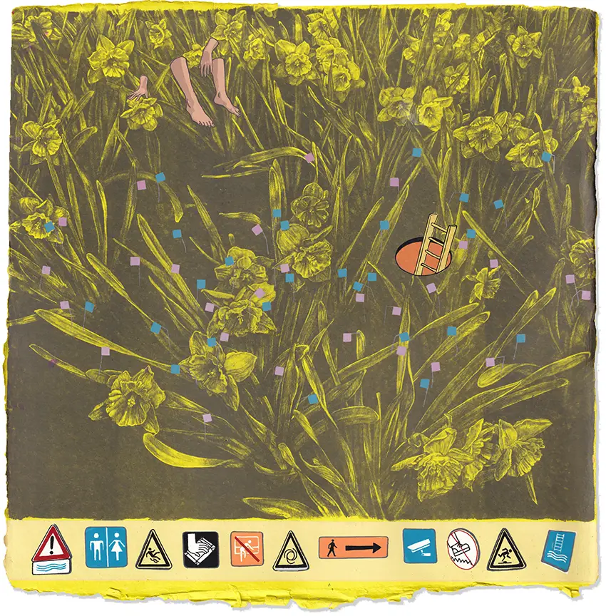 Lithography of various flowers and a lake in a yellow-tinted color. 