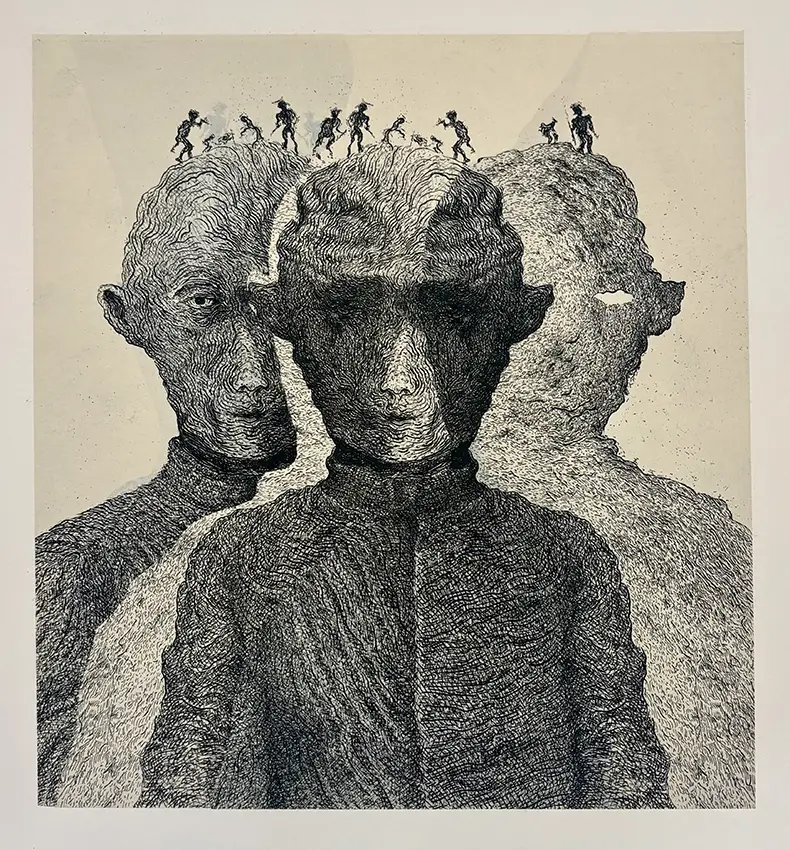 Artistic sketch of three people blending together. 