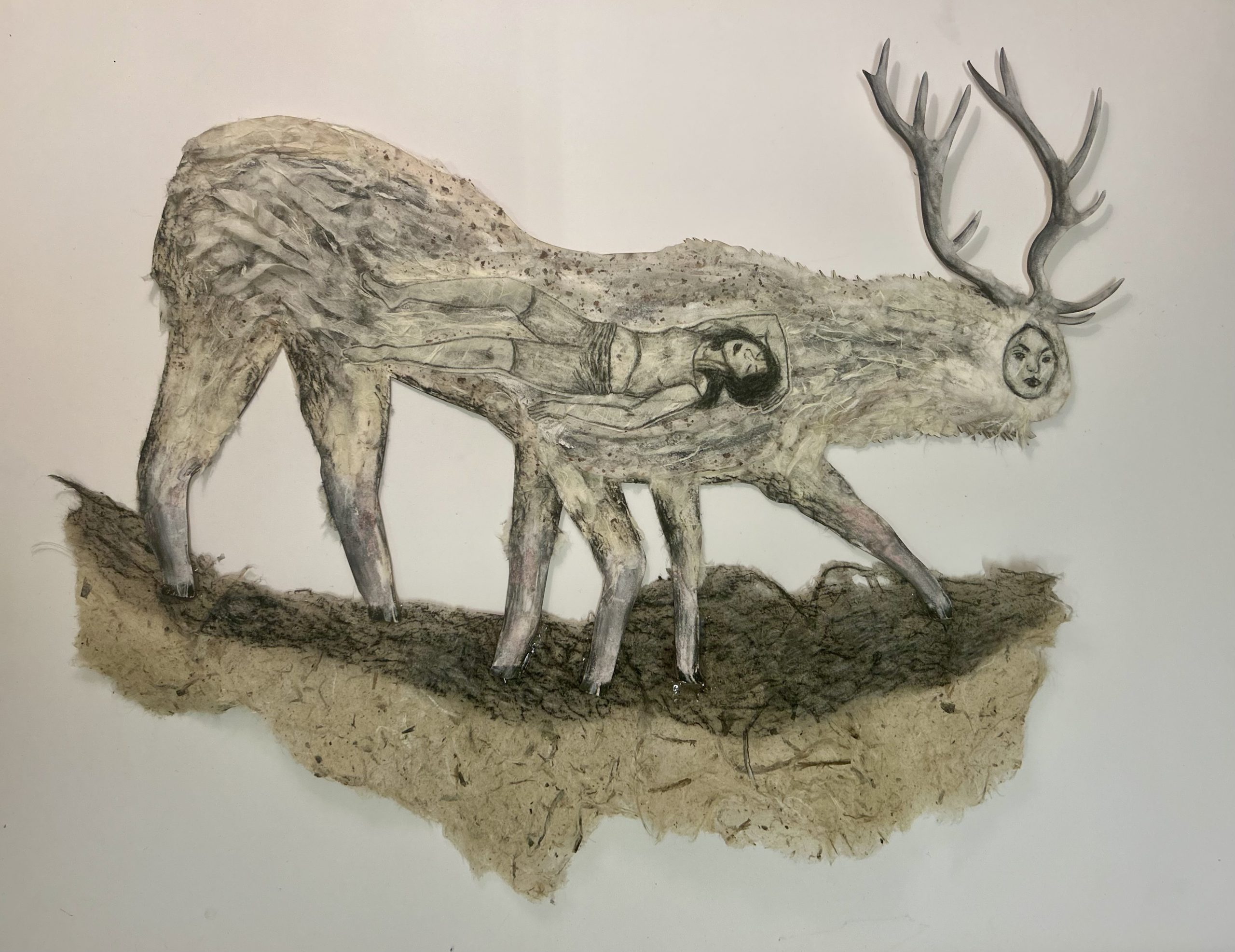 InnerSelf, 2026, Collage on wood with paper, 15 x 4 in.